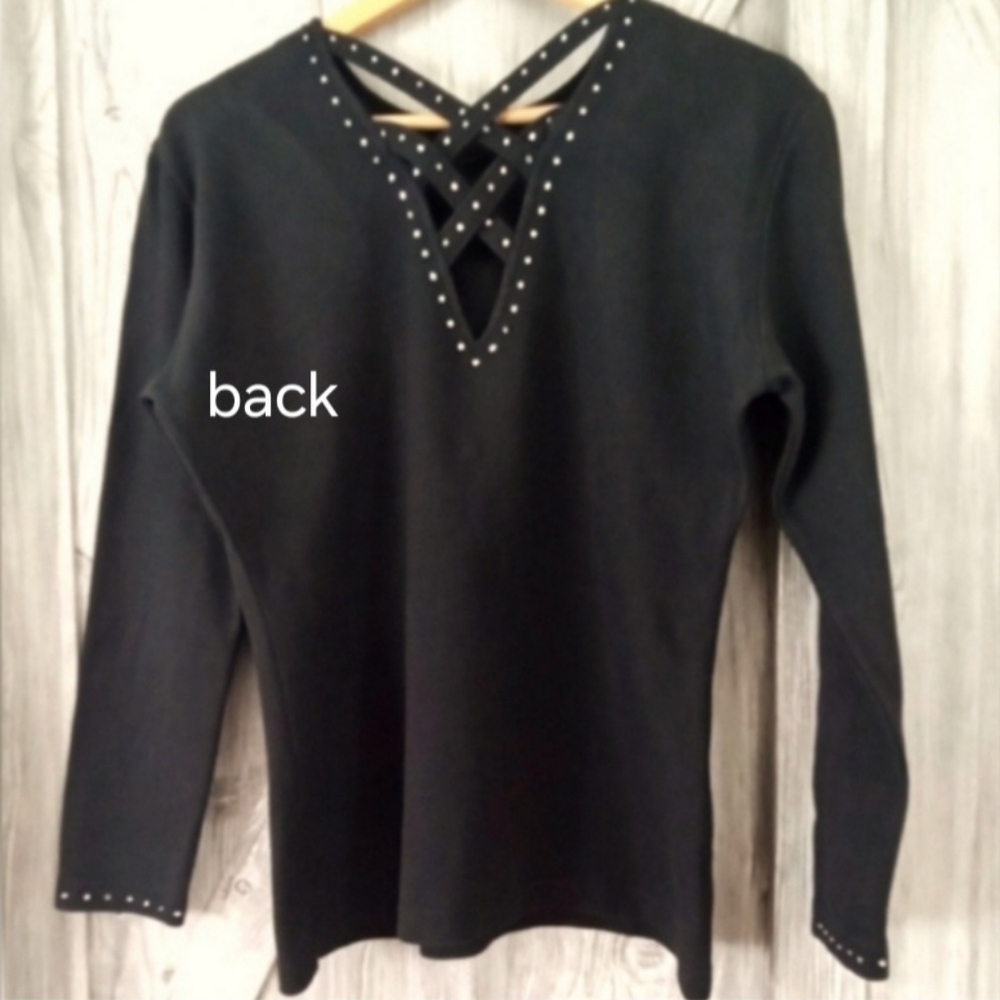 Black Cotton Knit Rhinestone Trim Top M